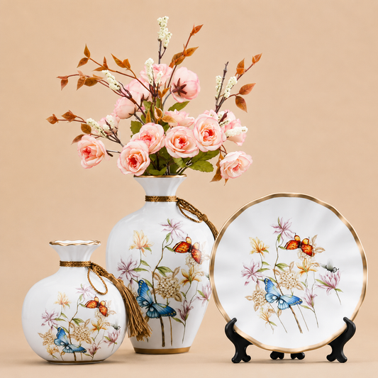 Set Vases et Assiette Céramique avec Bouquet